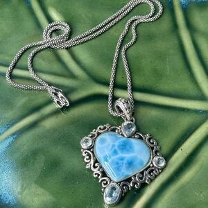 Genuine Blue Larimar Pendant w/ Blue Topaz Sterling Silver Popcorn Link Necklace